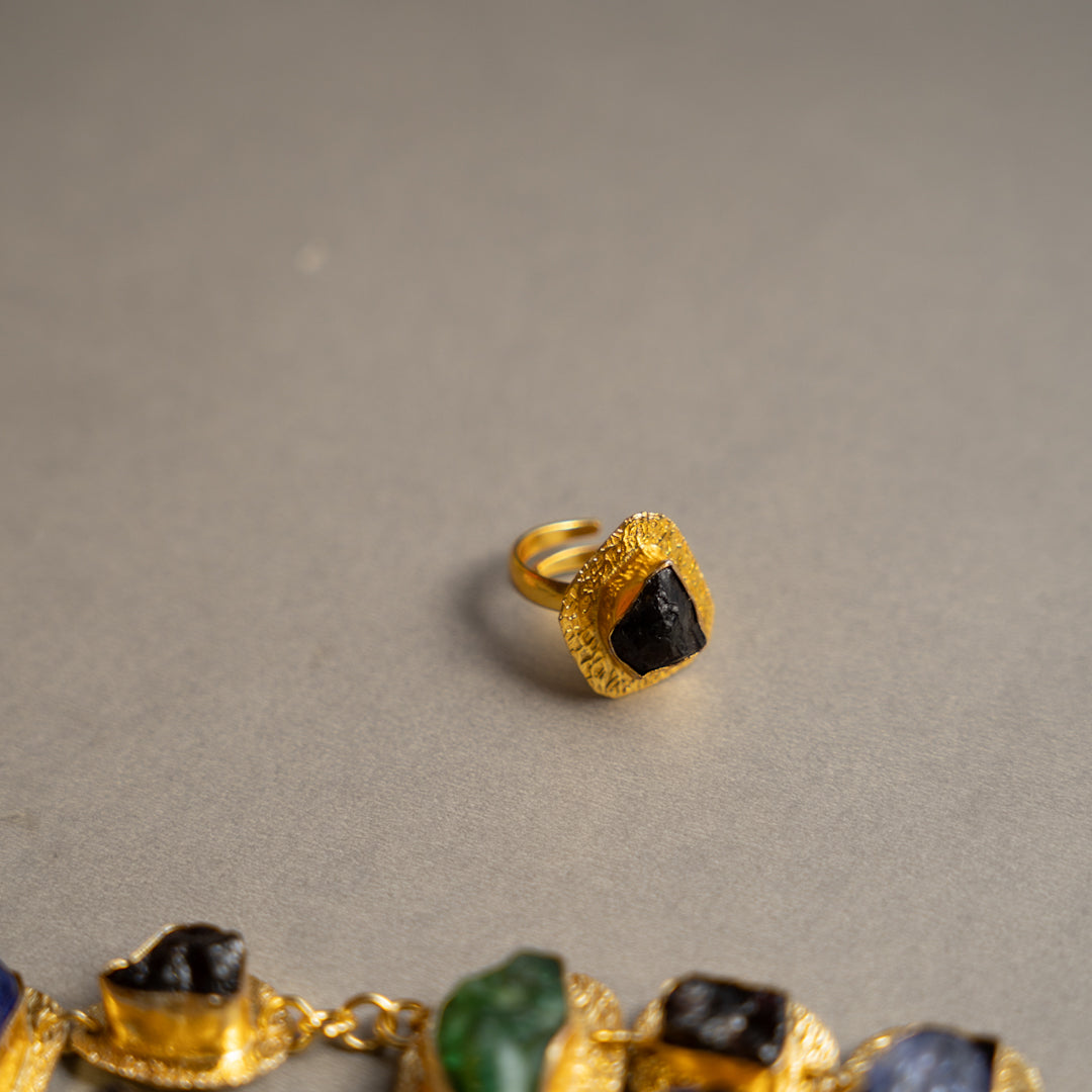 THAMIZHACHI BIJOUX EXCLUSIVE AND PREMIUM RAW STONES AND MOP HANDMADE GOLD TONED NECKPIECE/NECKLACE, BRACELET CUFF, RING WITH EARRING SET NL145