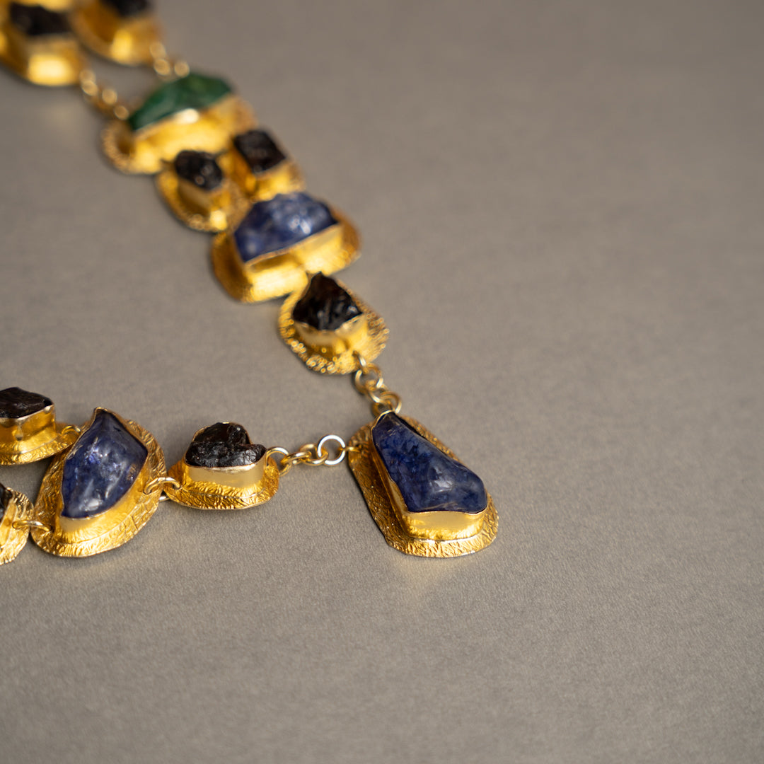 THAMIZHACHI BIJOUX EXCLUSIVE AND PREMIUM RAW STONES AND MOP HANDMADE GOLD TONED NECKPIECE/NECKLACE, BRACELET CUFF, RING WITH EARRING SET NL145