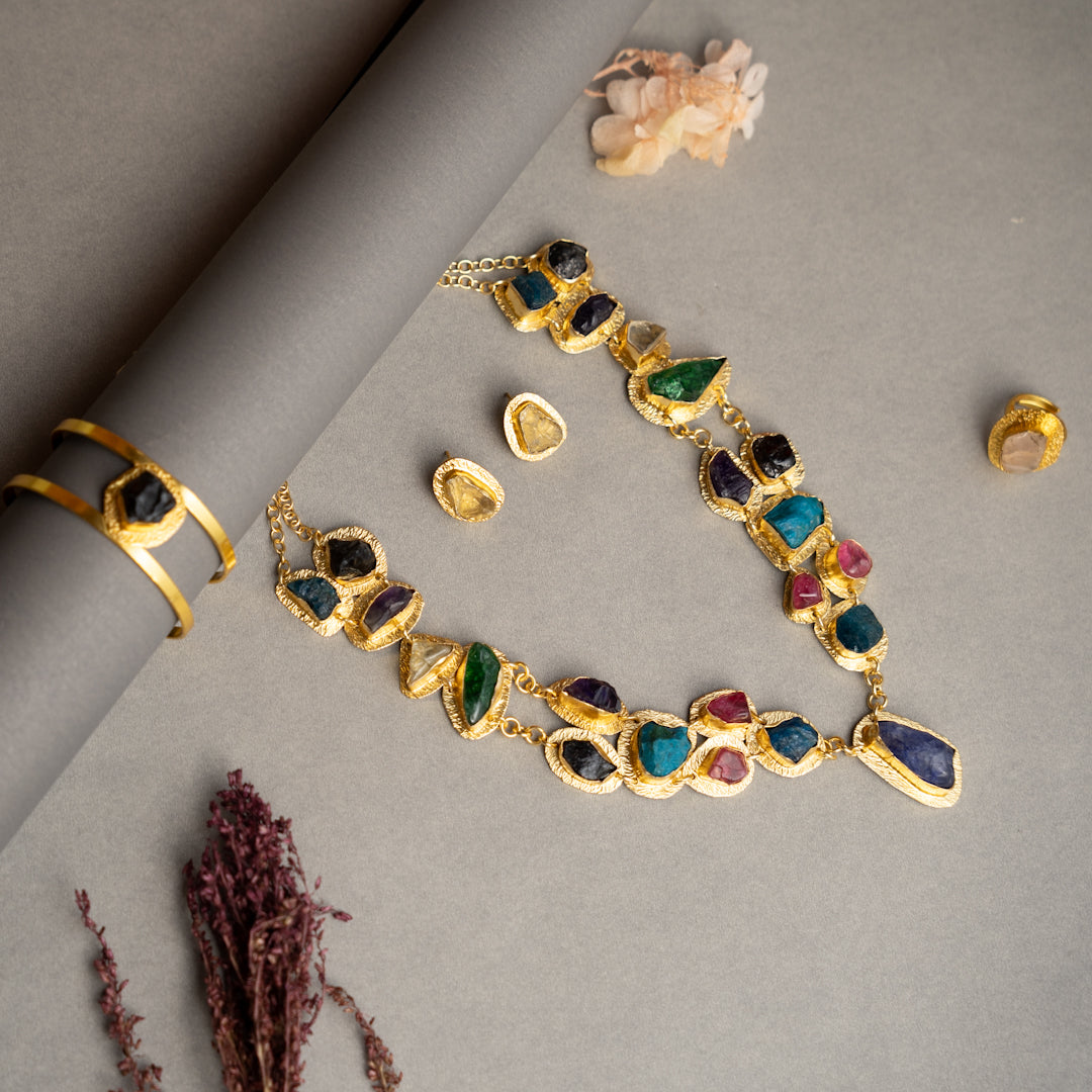 THAMIZHACHI BIJOUX EXCLUSIVE AND PREMIUM RAW STONES AND MOP HANDMADE GOLD TONED NECKPIECE/NECKLACE, BRACELET CUFF, RING WITH EARRING SET NL145