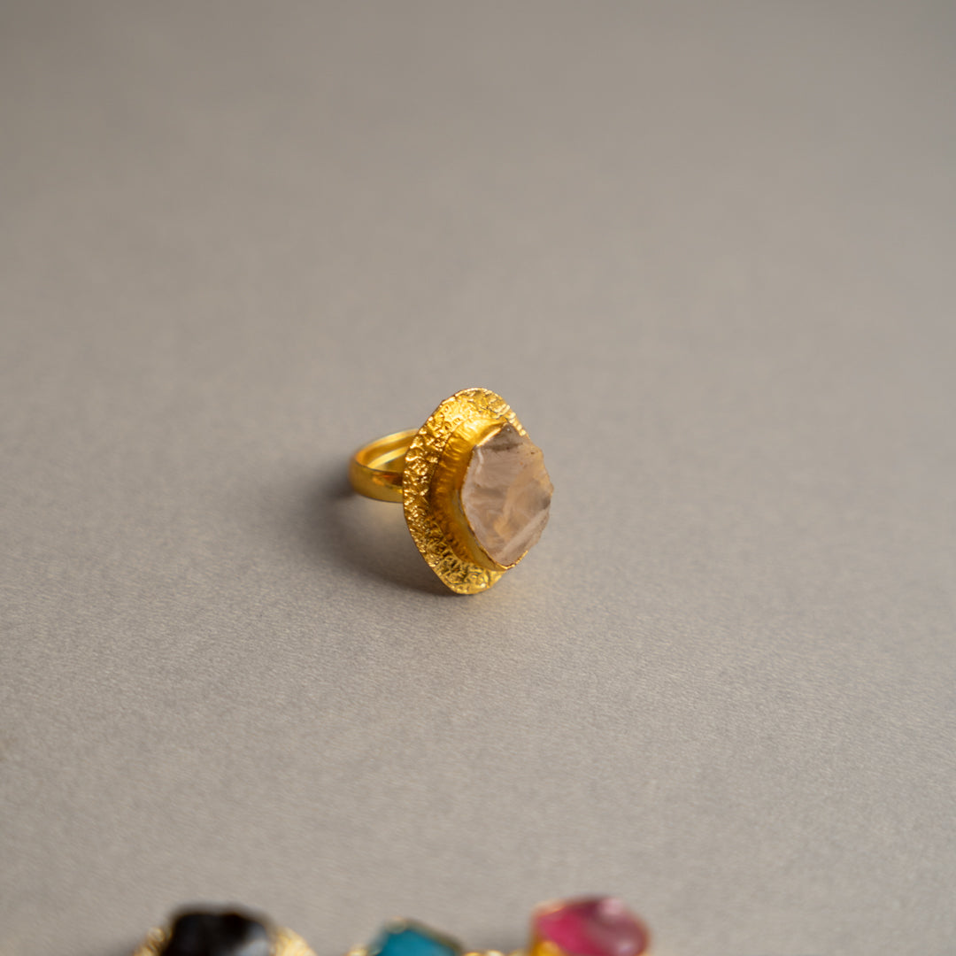 THAMIZHACHI BIJOUX EXCLUSIVE AND PREMIUM RAW STONES AND MOP HANDMADE GOLD TONED NECKPIECE/NECKLACE, BRACELET CUFF, RING WITH EARRING SET NL145