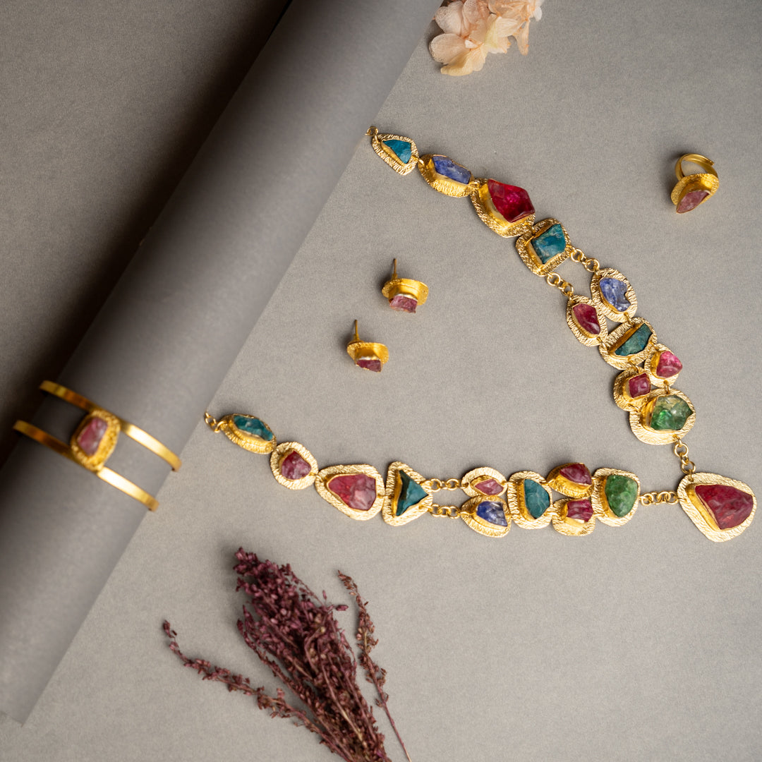 THAMIZHACHI BIJOUX EXCLUSIVE AND PREMIUM RAW STONES AND MOP HANDMADE GOLD TONED NECKPIECE/NECKLACE, BRACELET CUFF, RING WITH EARRING SET NL145