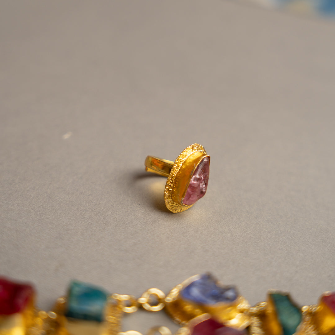 THAMIZHACHI BIJOUX EXCLUSIVE AND PREMIUM RAW STONES AND MOP HANDMADE GOLD TONED NECKPIECE/NECKLACE, BRACELET CUFF, RING WITH EARRING SET NL145