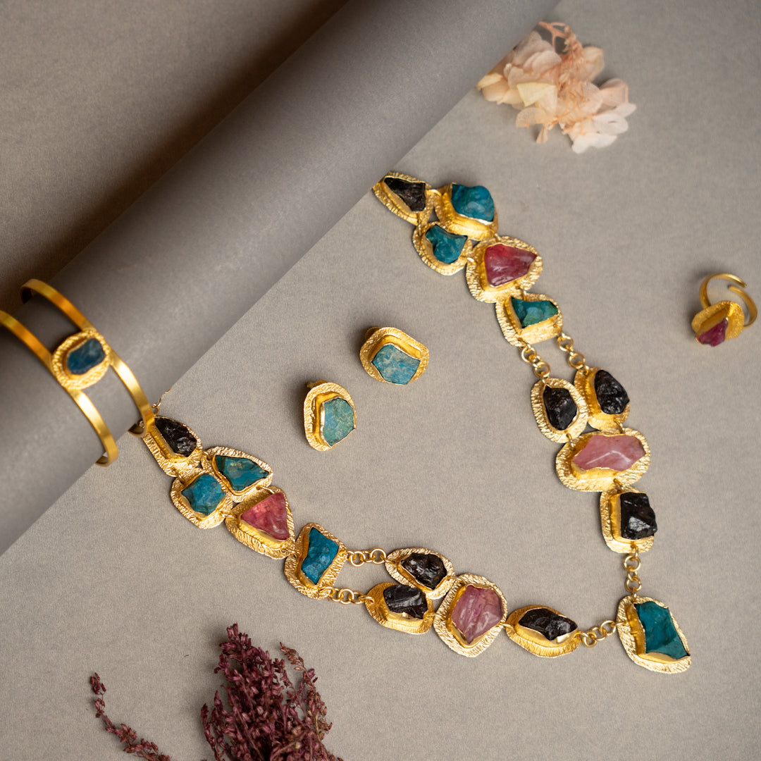 THAMIZHACHI BIJOUX EXCLUSIVE AND PREMIUM RAW STONES AND MOP HANDMADE GOLD TONED NECKPIECE/NECKLACE, BRACELET CUFF, RING WITH EARRING SET NL145