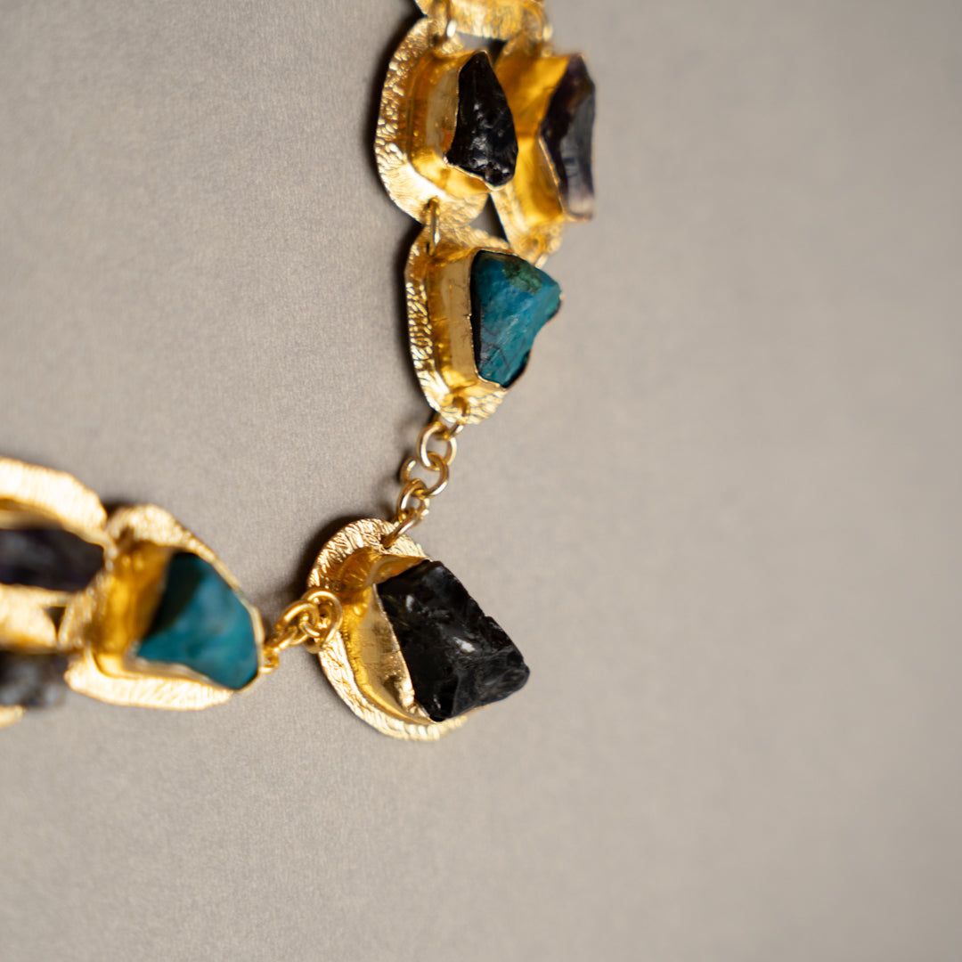 THAMIZHACHI BIJOUX EXCLUSIVE AND PREMIUM RAW STONES AND MOP HANDMADE GOLD TONED NECKPIECE/NECKLACE, BRACELET CUFF, RING WITH EARRING SET NL145