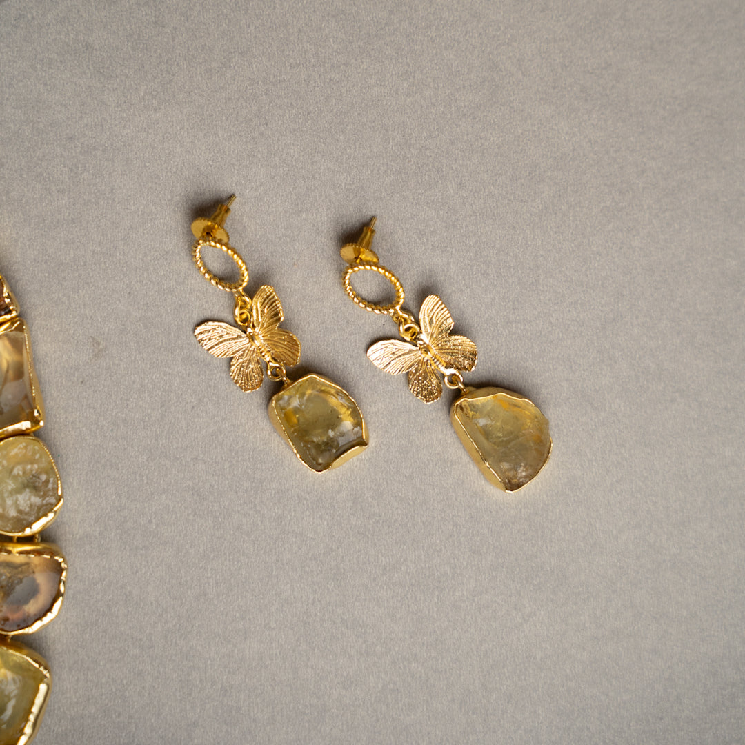 KASHVI PREMIUM 18K PLATED HANDMADE RAW STONE AND POLISHED STONE NECKPIECE/NECKLACE EARRINGS NL252.