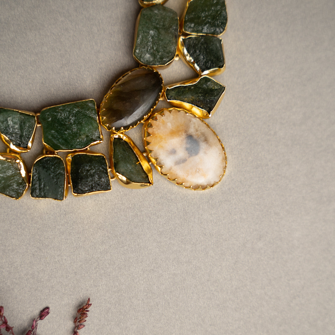 KASHVI PREMIUM 18K PLATED HANDMADE RAW STONE AND POLISHED STONE NECKPIECE/NECKLACE EARRINGS NL252.