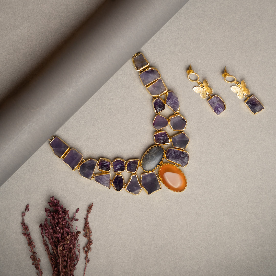 KASHVI PREMIUM 18K PLATED HANDMADE RAW STONE AND POLISHED STONE NECKPIECE/NECKLACE EARRINGS NL252.