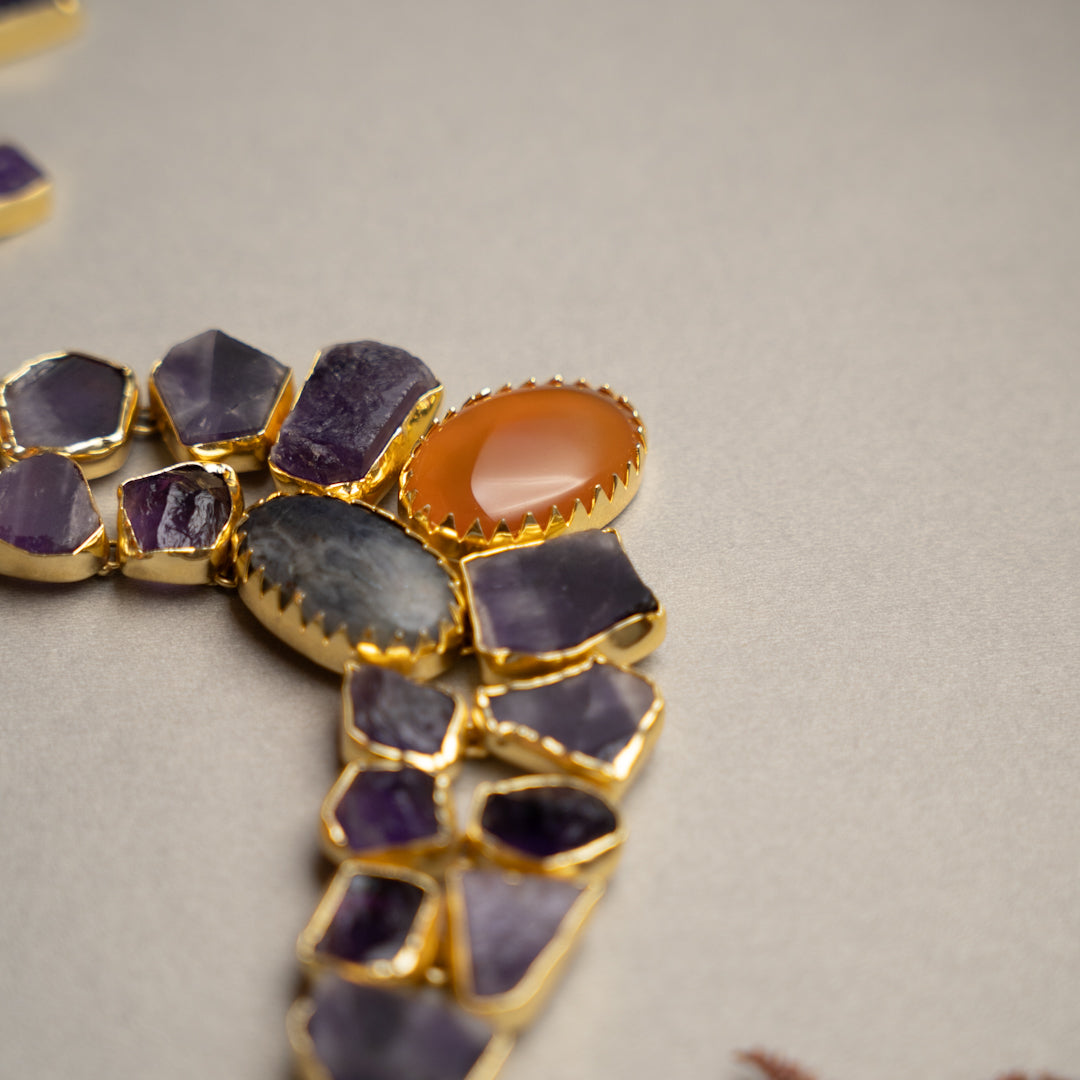 KASHVI PREMIUM 18K PLATED HANDMADE RAW STONE AND POLISHED STONE NECKPIECE/NECKLACE EARRINGS NL252.