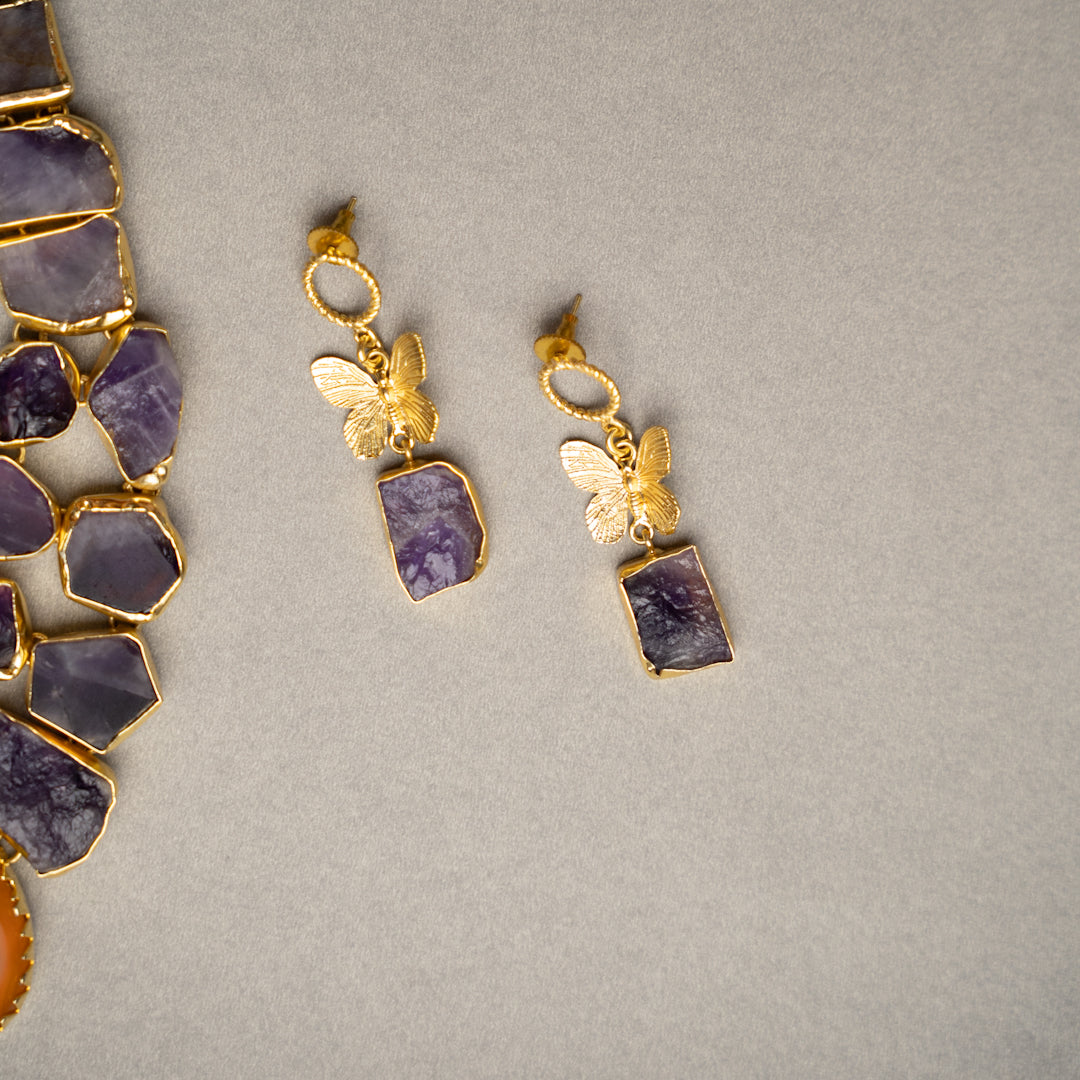 KASHVI PREMIUM 18K PLATED HANDMADE RAW STONE AND POLISHED STONE NECKPIECE/NECKLACE EARRINGS NL252.