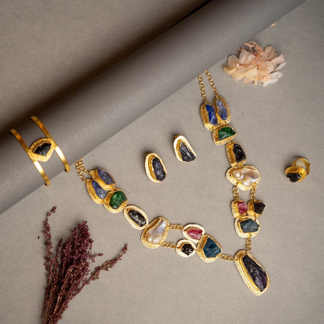 THAMIZHACHI BIJOUX EXCLUSIVE AND PREMIUM RAW STONES AND MOP HANDMADE GOLD TONED NECKPIECE/NECKLACE, BRACELET CUFF, RING WITH EARRING SET NL145