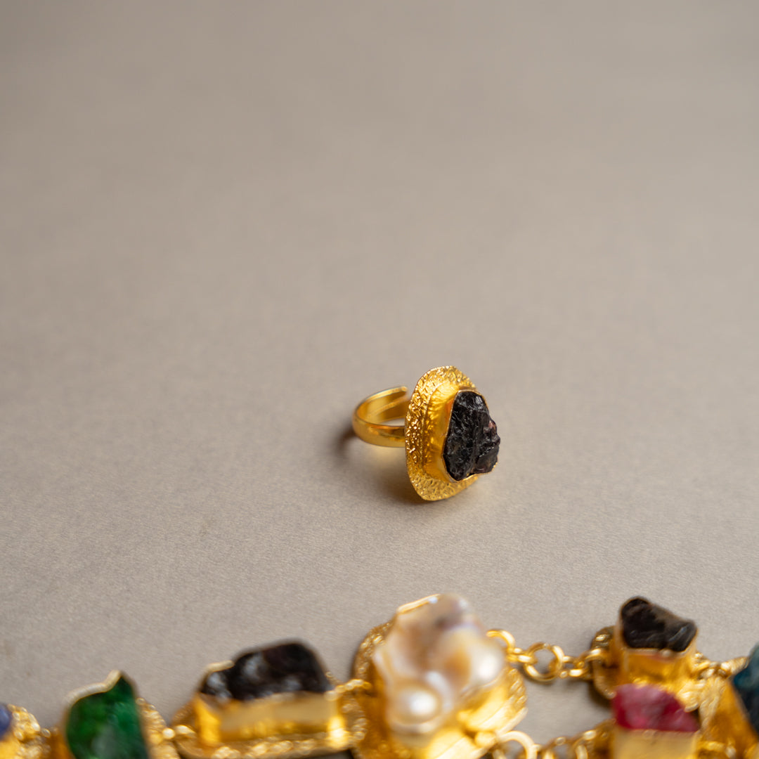 THAMIZHACHI BIJOUX EXCLUSIVE AND PREMIUM RAW STONES AND MOP HANDMADE GOLD TONED NECKPIECE/NECKLACE, BRACELET CUFF, RING WITH EARRING SET NL145