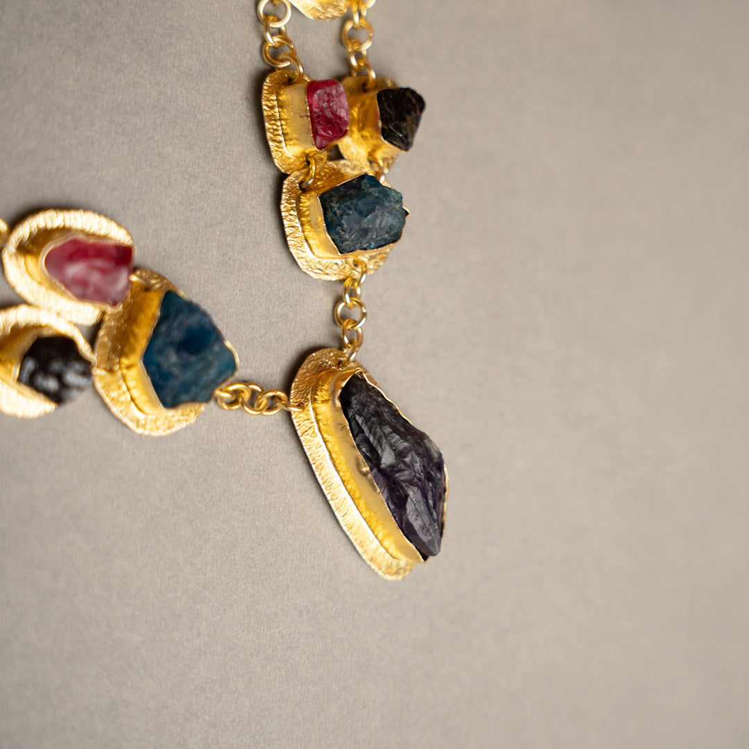 THAMIZHACHI BIJOUX EXCLUSIVE AND PREMIUM RAW STONES AND MOP HANDMADE GOLD TONED NECKPIECE/NECKLACE, BRACELET CUFF, RING WITH EARRING SET NL145