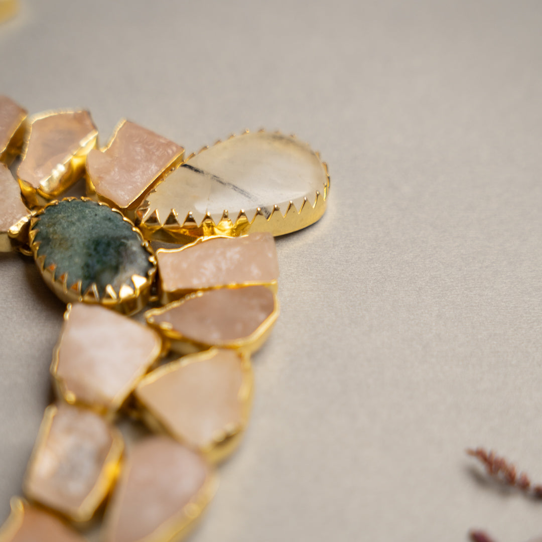 KASHVI PREMIUM 18K PLATED HANDMADE RAW STONE AND POLISHED STONE NECKPIECE/NECKLACE EARRINGS NL252.