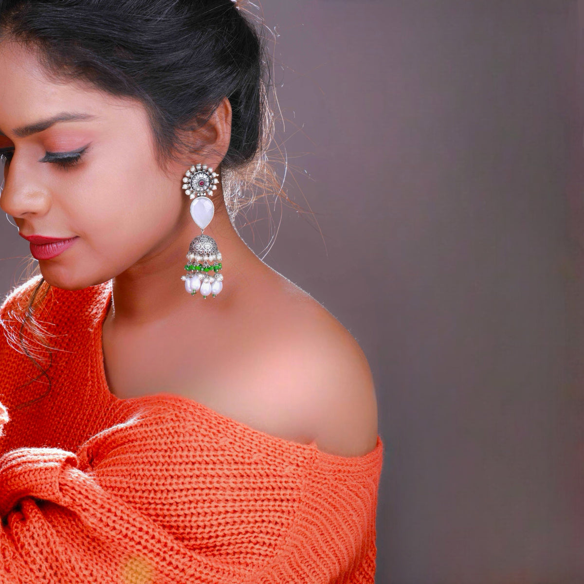 MOONLITE CASCADE MONALISA STONE SEMI-HANDMADE JHUMKA ER49