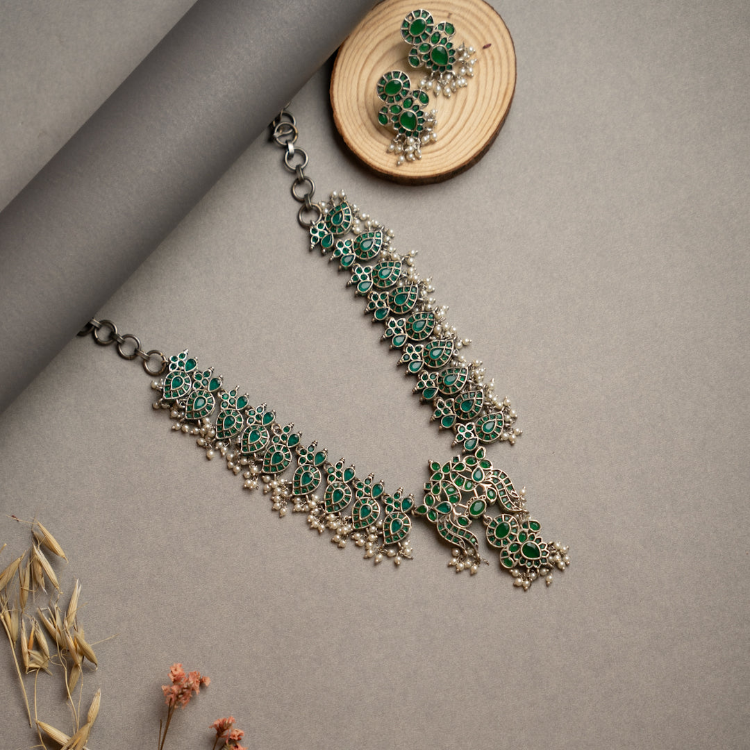 VARDHANA FAUX SILVER PREMIUM SEMI HANDMADE NECKLACE WITH EARRINGS NL127