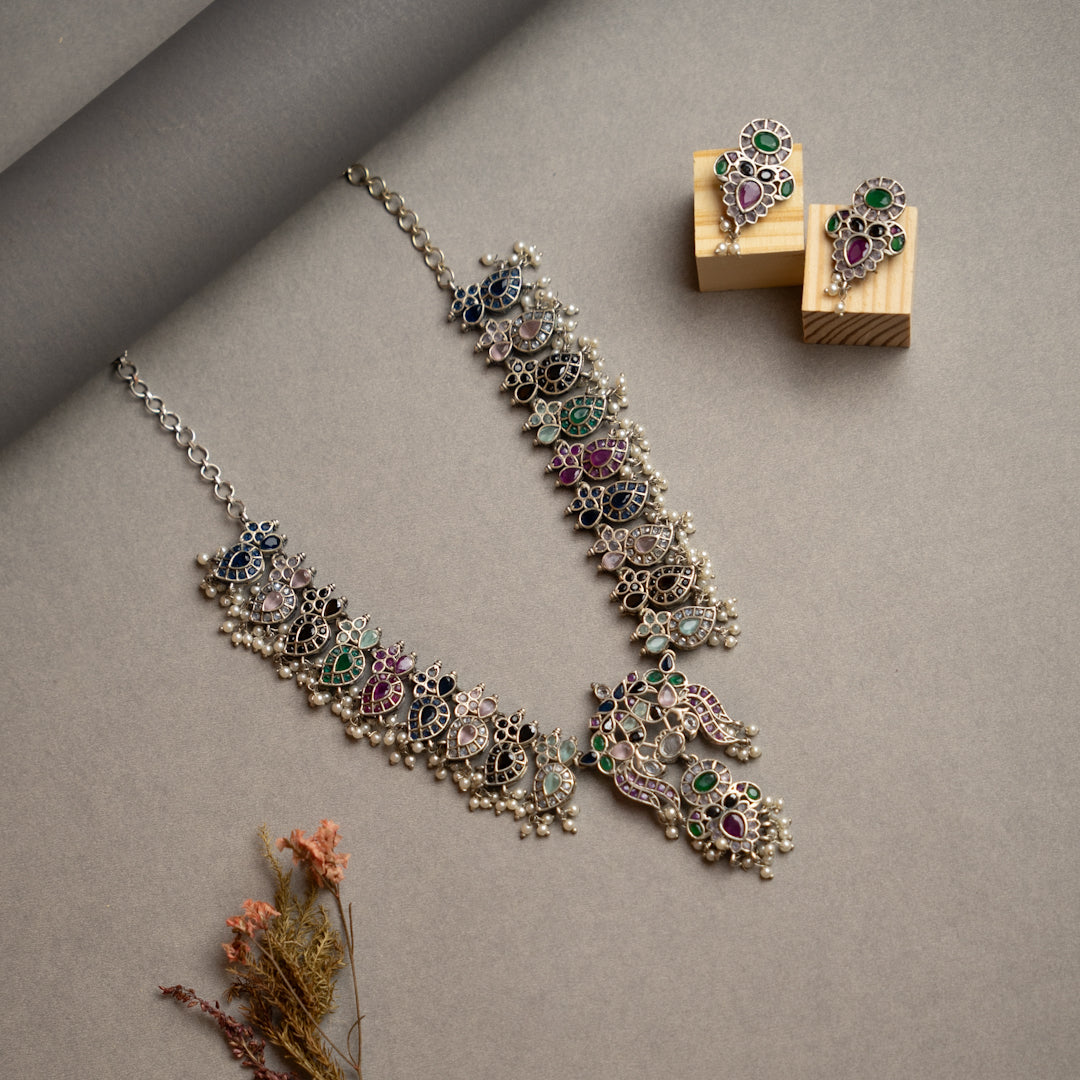 VARDHANA FAUX SILVER PREMIUM SEMI HANDMADE NECKLACE WITH EARRINGS NL127