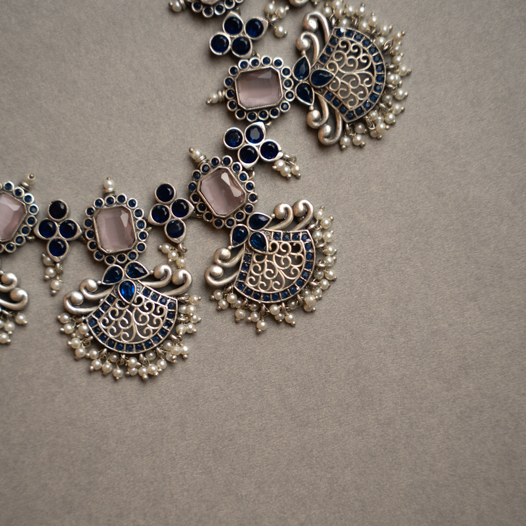 NIMISHA FAUX SILVER PREMIUM SEMI HANDMADE NECKLACE WITH EARRINGS NL126