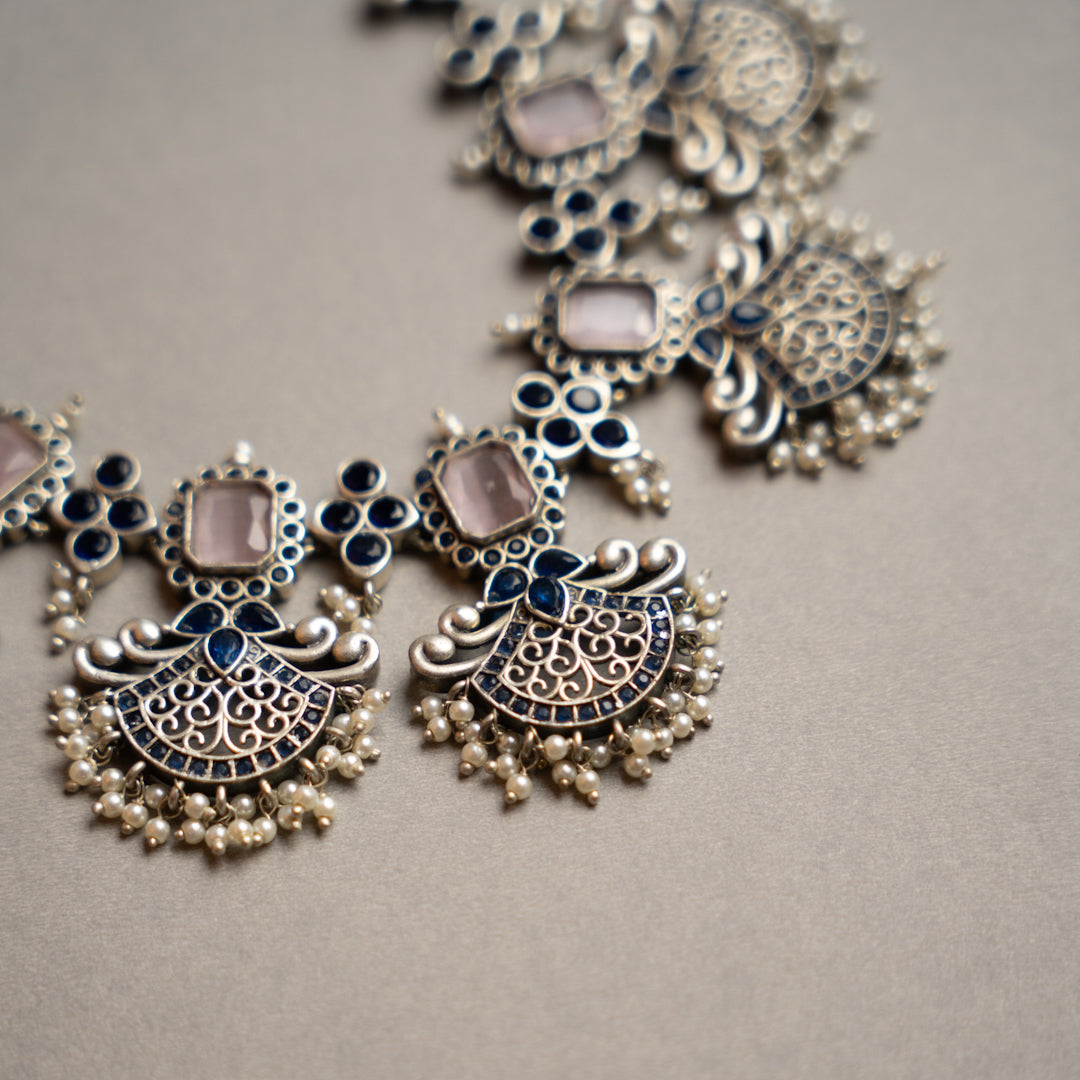 NIMISHA FAUX SILVER PREMIUM SEMI HANDMADE NECKLACE WITH EARRINGS NL126