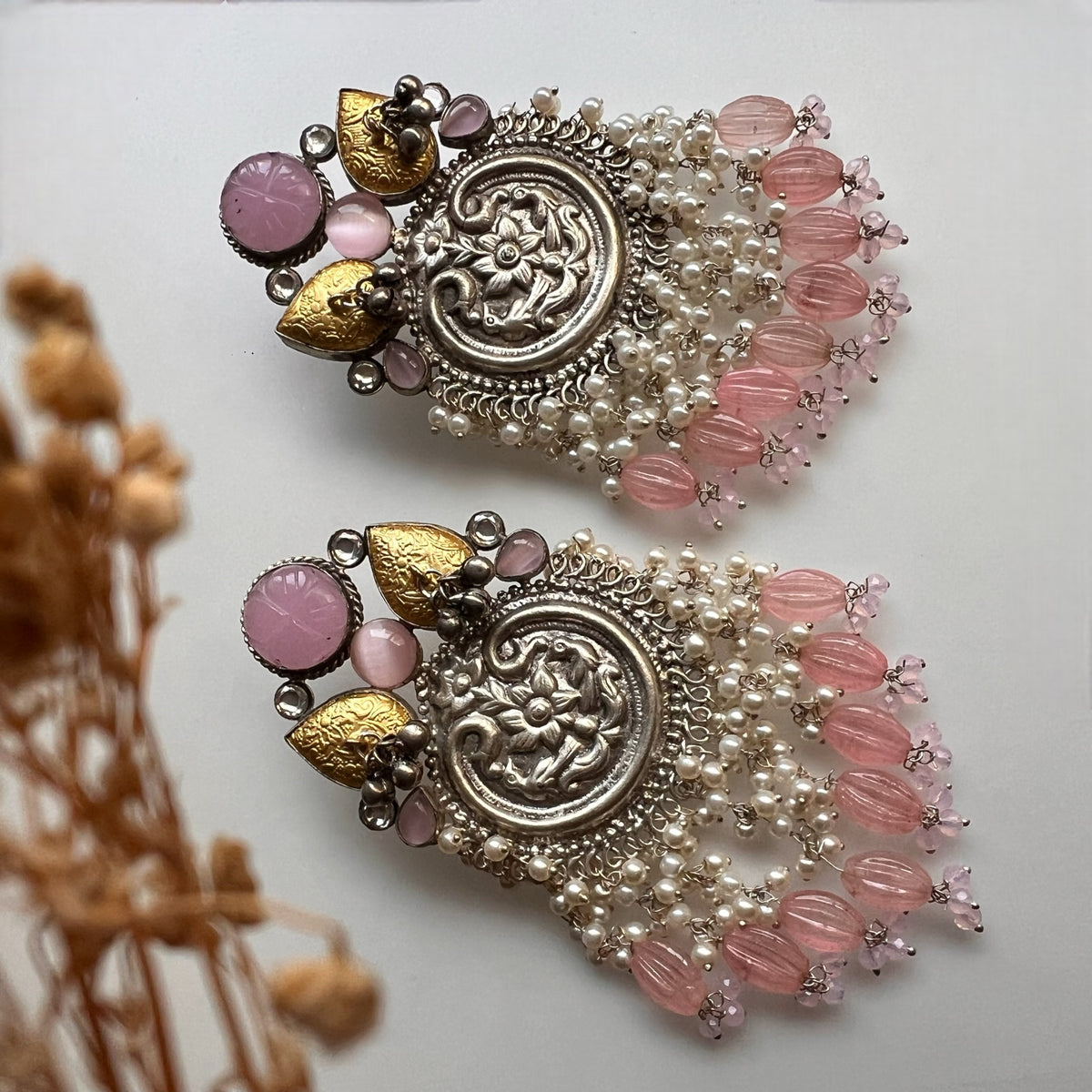 NYLA SILVER LOOK ALIKE DUAL-TONED SILVER POLISH HANDMADE PUMPKIN DANGLERS ER301