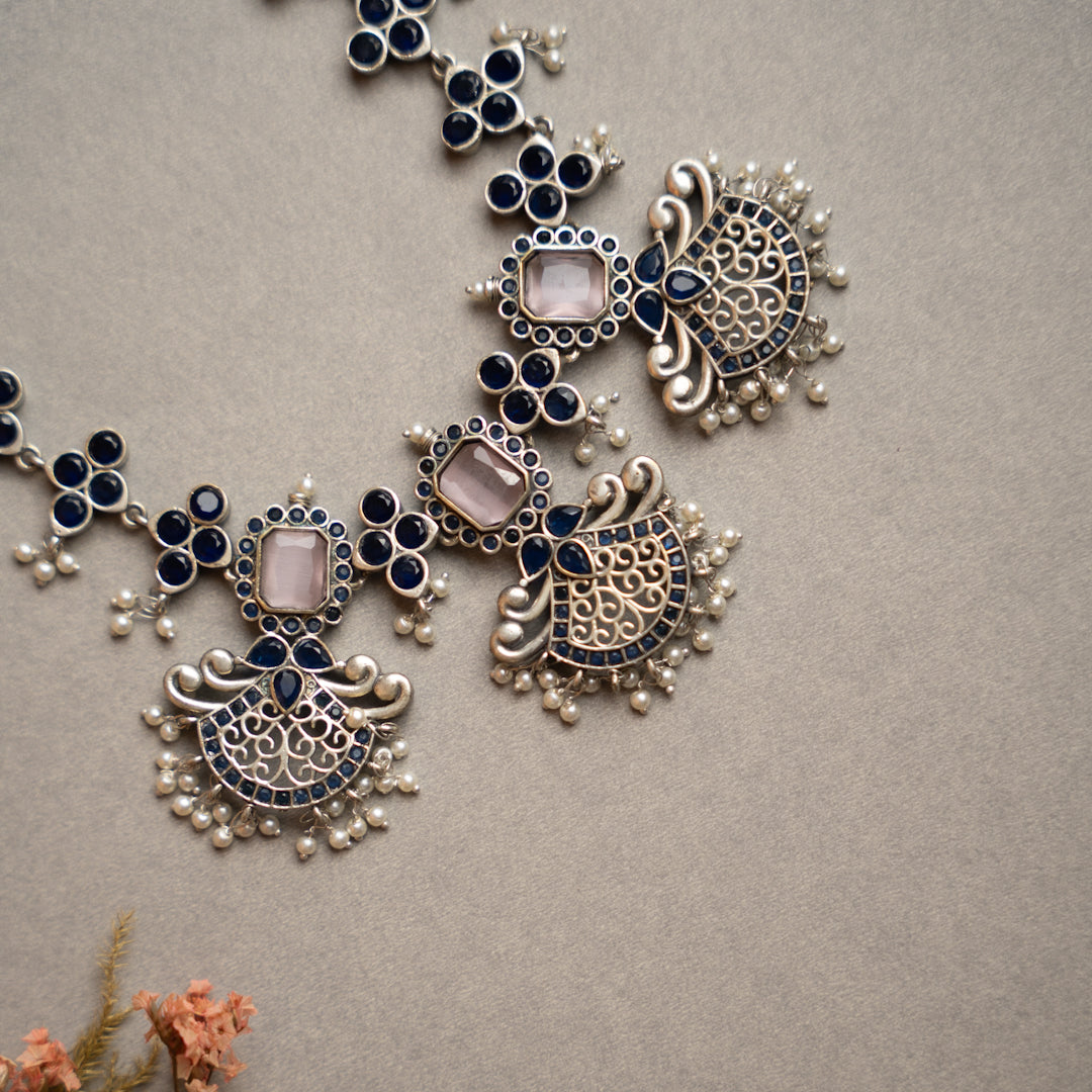 NIMISHA FAUX SILVER PREMIUM SEMI HANDMADE NECKLACE WITH EARRINGS NL126