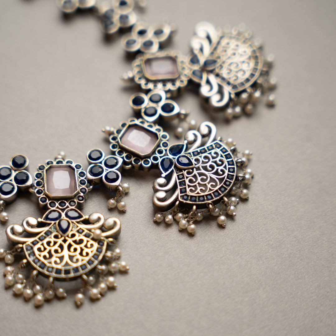 NIMISHA FAUX SILVER PREMIUM SEMI HANDMADE NECKLACE WITH EARRINGS NL126