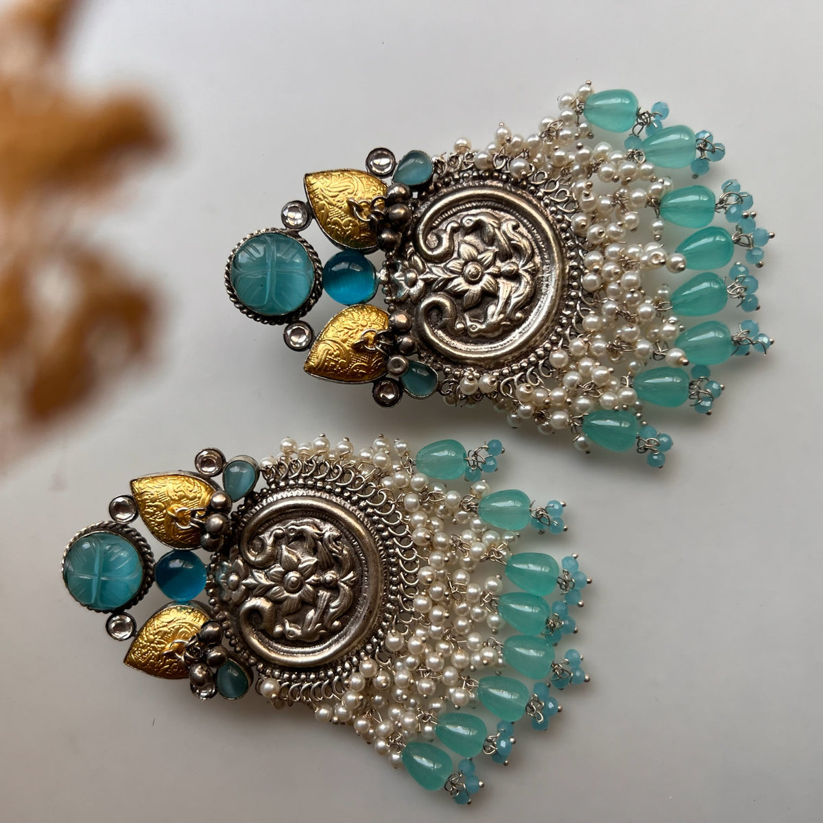 NYLA SILVER LOOK ALIKE DUAL-TONED SILVER POLISH HANDMADE PUMPKIN DANGLERS ER301