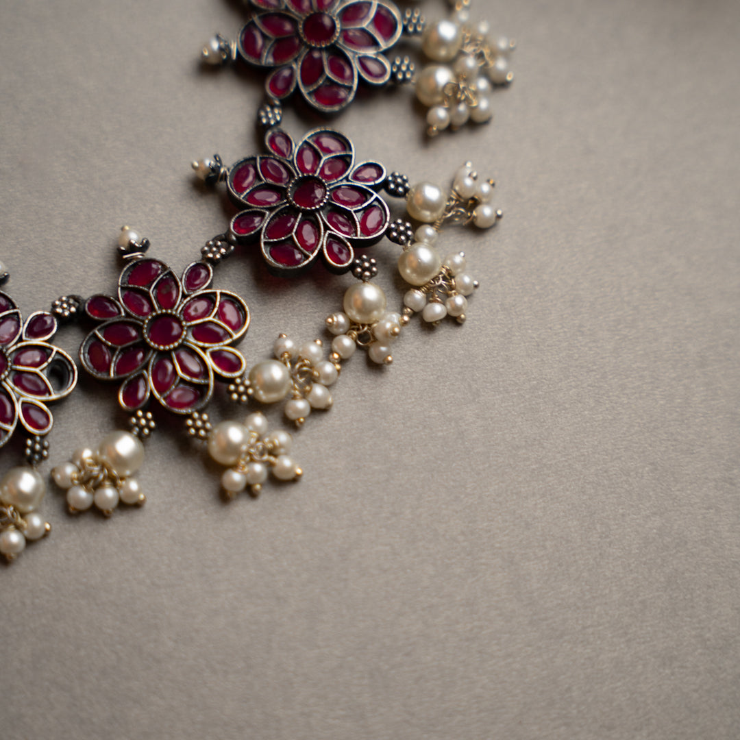 ATHENA BIJOUX PREMIUM SEMI HANDMADE ANTIQUE FAUX SILVER NECKPIECE/NECKLACE EARRINGS NL217