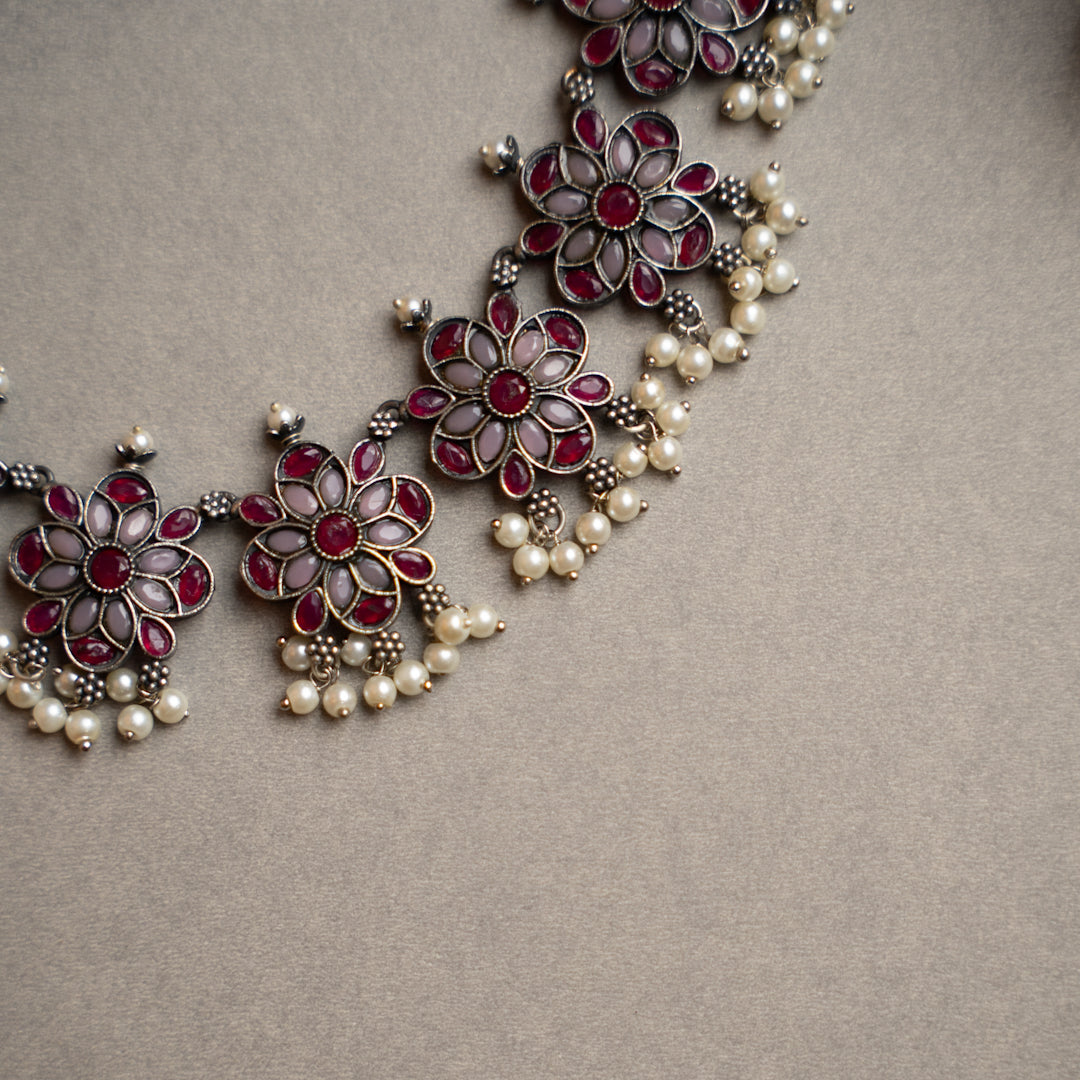 ATHENA BIJOUX PREMIUM SEMI HANDMADE ANTIQUE FAUX SILVER NECKPIECE/NECKLACE EARRINGS NL217