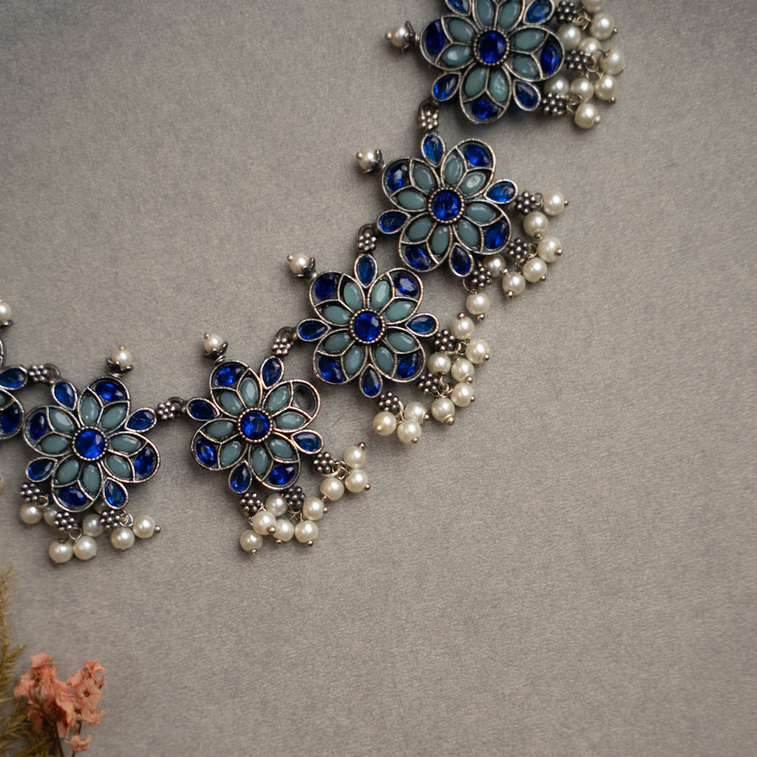 ATHENA BIJOUX PREMIUM SEMI HANDMADE ANTIQUE FAUX SILVER NECKPIECE/NECKLACE EARRINGS NL217