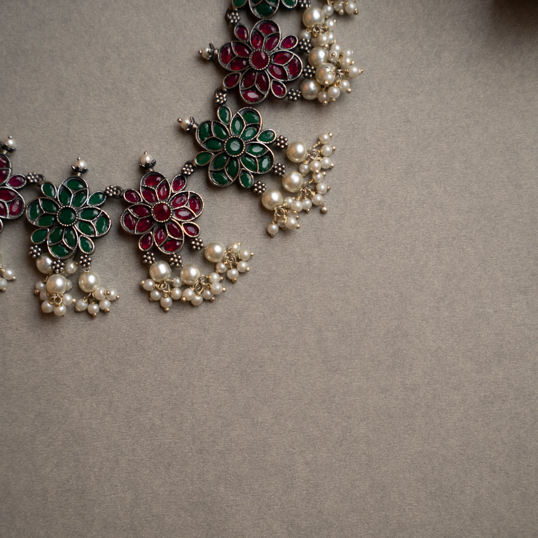 ATHENA BIJOUX PREMIUM SEMI HANDMADE ANTIQUE FAUX SILVER NECKPIECE/NECKLACE EARRINGS NL217