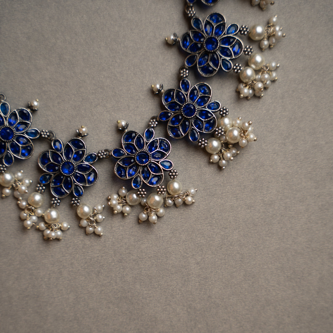 ATHENA BIJOUX PREMIUM SEMI HANDMADE ANTIQUE FAUX SILVER NECKPIECE/NECKLACE EARRINGS NL217