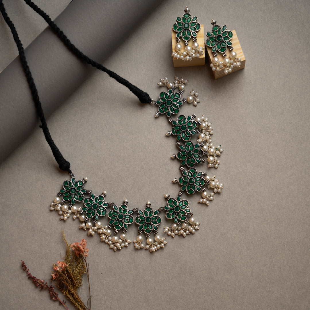 ATHENA BIJOUX PREMIUM SEMI HANDMADE ANTIQUE FAUX SILVER NECKPIECE/NECKLACE EARRINGS NL217