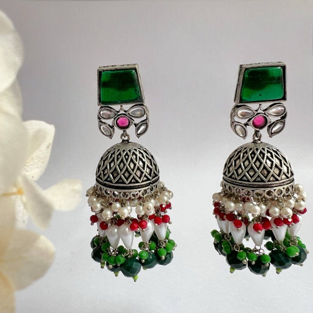 CUBIC CHARISMA SQUARE MONALISA STONE  SEMI-HANDMADE JHUMKA ER50