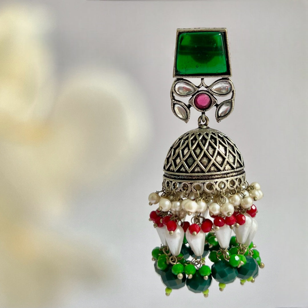 CUBIC CHARISMA SQUARE MONALISA STONE  SEMI-HANDMADE JHUMKA ER50