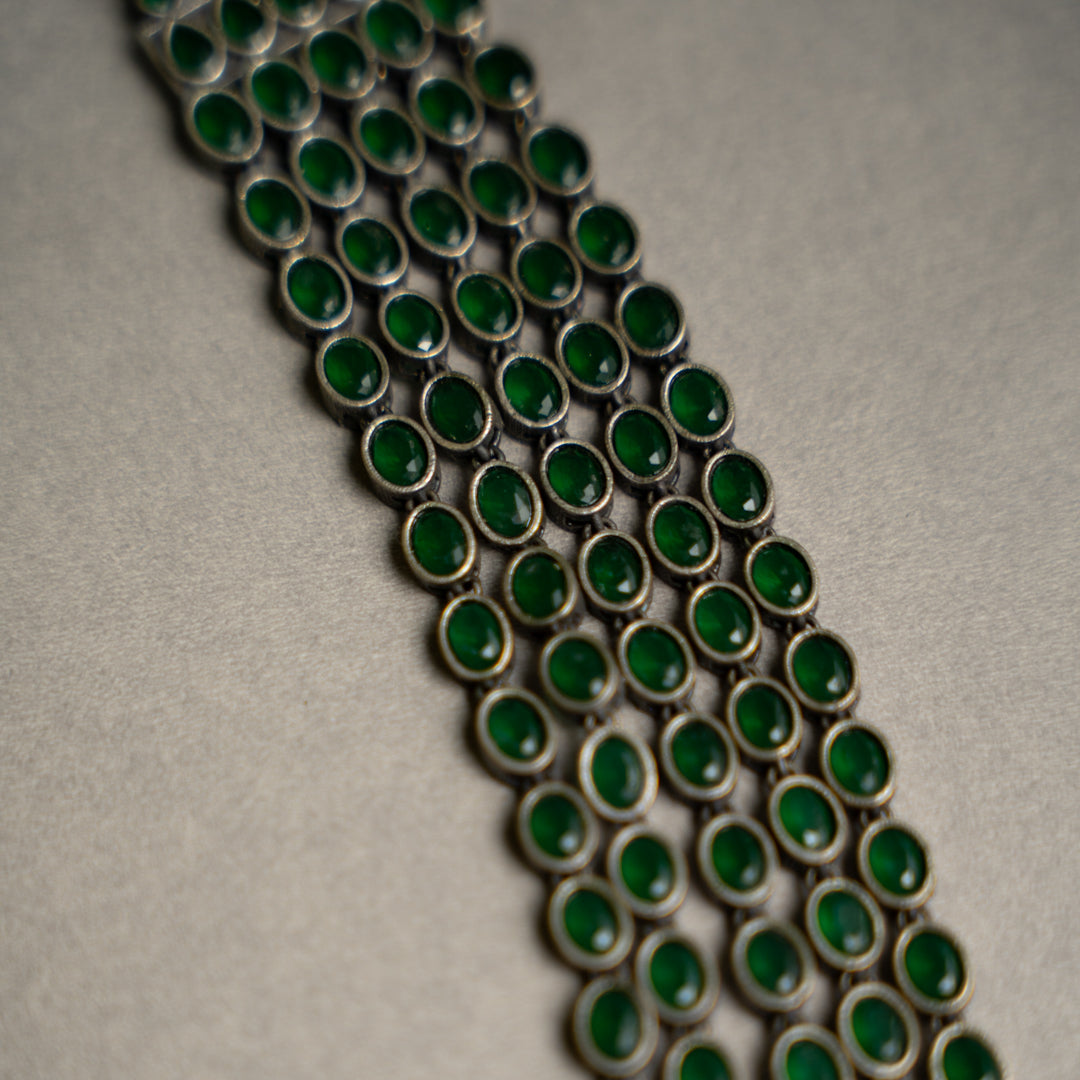 KANIHA FAUX SILVER STONE LAYERED RUSTIC FINISH SEMIHANDE NECKLACE WITH EARRINGS NL142