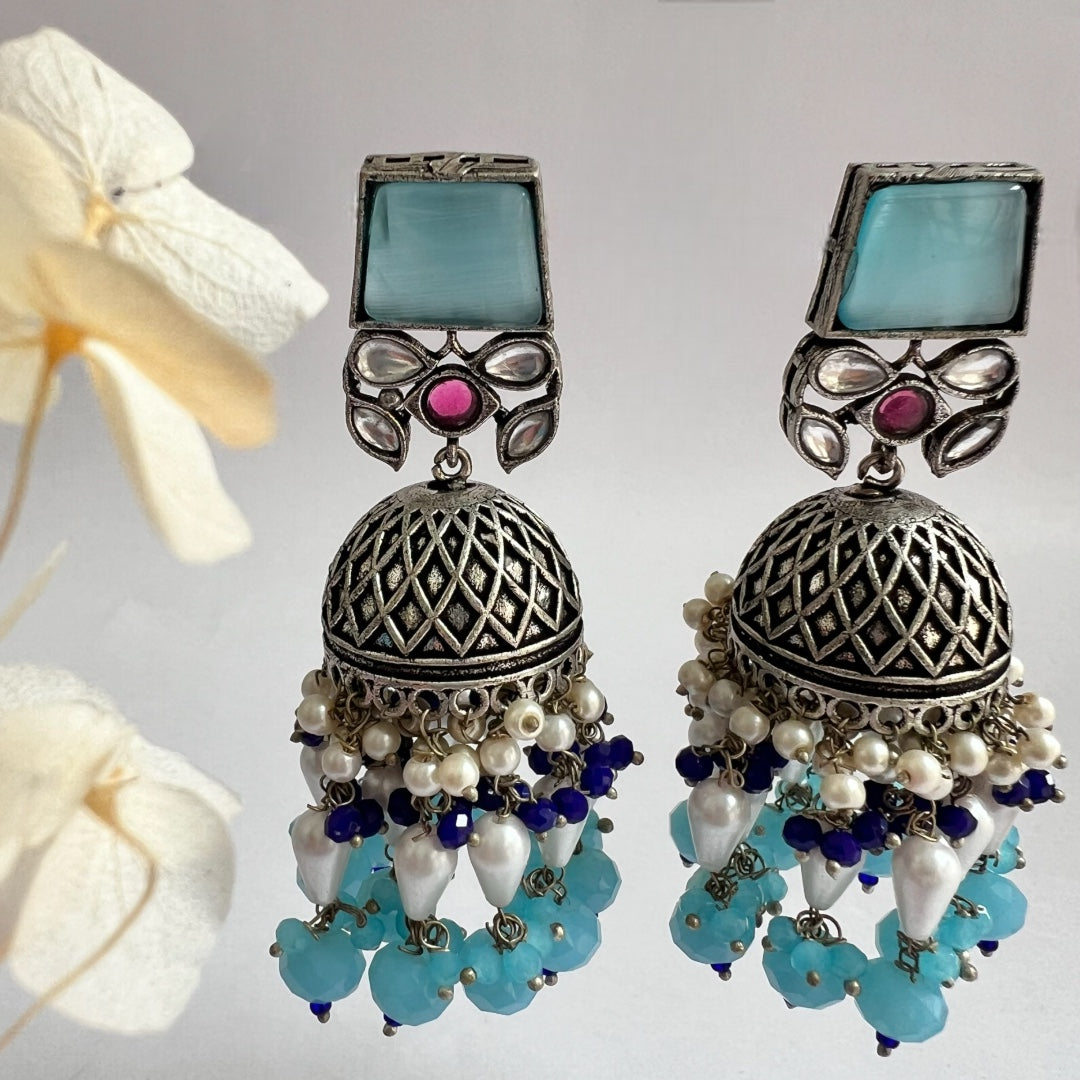 CUBIC CHARISMA SQUARE MONALISA STONE  SEMI-HANDMADE JHUMKA ER50