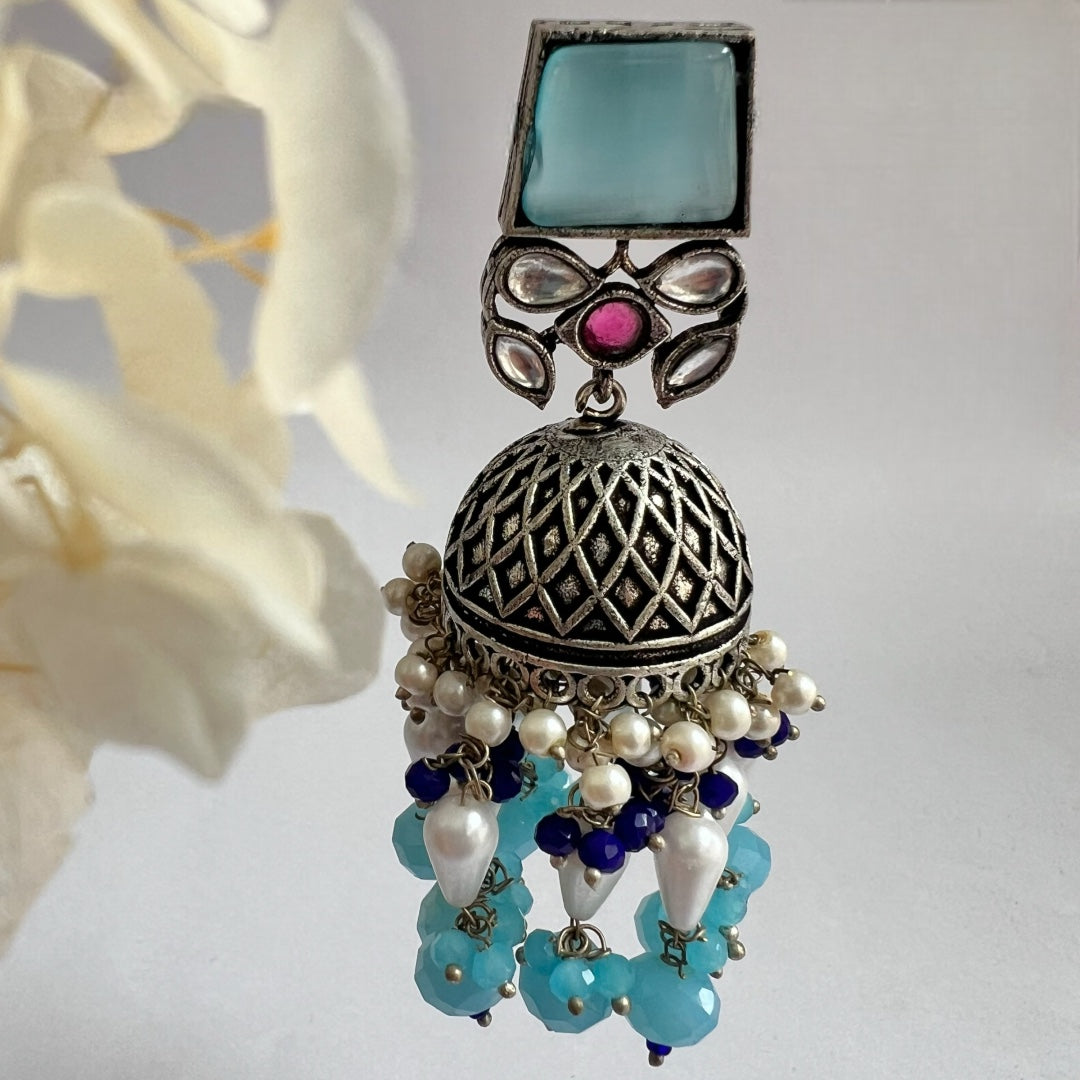 CUBIC CHARISMA SQUARE MONALISA STONE  SEMI-HANDMADE JHUMKA ER50