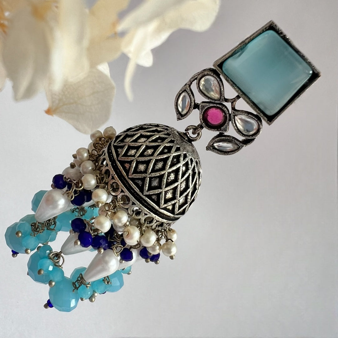 CUBIC CHARISMA SQUARE MONALISA STONE  SEMI-HANDMADE JHUMKA ER50