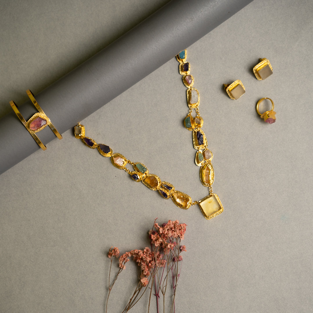 PETITE THAMIZHACHI BIJOUX EXCLUSIVE AND PREMIUM RAW STONES AND MOP HANDMADE GOLD TONED NECKPIECE/NECKLACE, BRACELET CUFF, RING WITH EARRING SET NL146