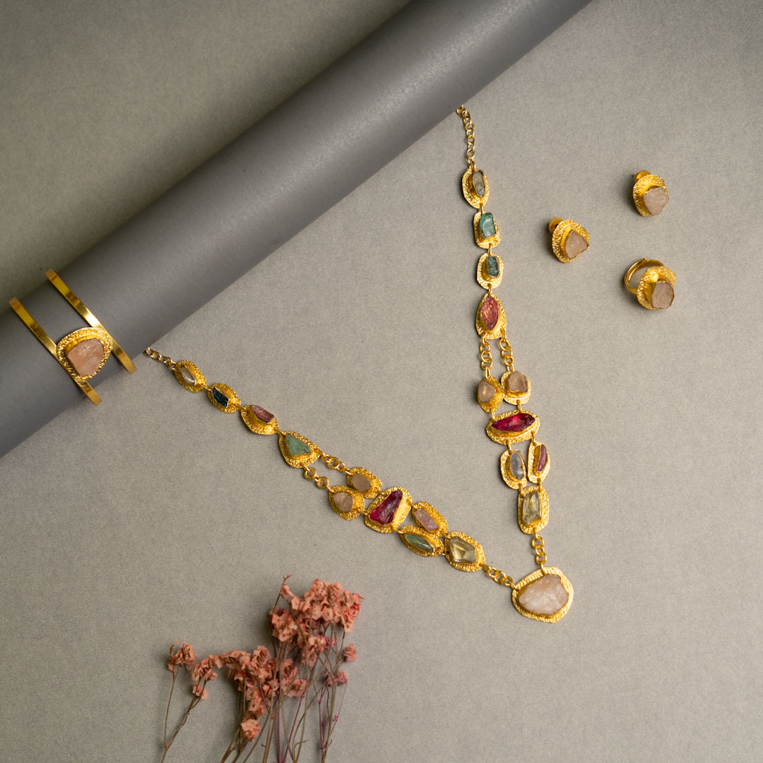 PETITE THAMIZHACHI BIJOUX EXCLUSIVE AND PREMIUM RAW STONES AND MOP HANDMADE GOLD TONED NECKPIECE/NECKLACE, BRACELET CUFF, RING WITH EARRING SET NL146