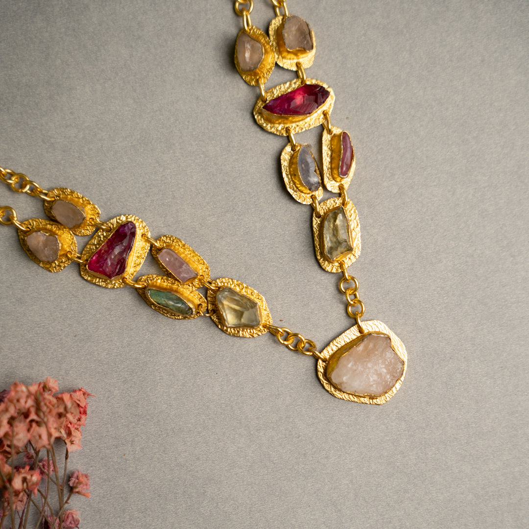 PETITE THAMIZHACHI BIJOUX EXCLUSIVE AND PREMIUM RAW STONES AND MOP HANDMADE GOLD TONED NECKPIECE/NECKLACE, BRACELET CUFF, RING WITH EARRING SET NL146