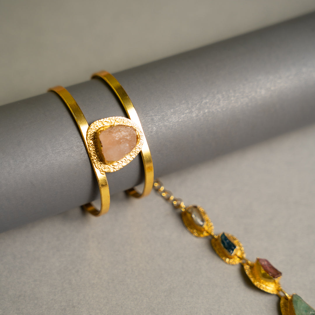 PETITE THAMIZHACHI BIJOUX EXCLUSIVE AND PREMIUM RAW STONES AND MOP HANDMADE GOLD TONED NECKPIECE/NECKLACE, BRACELET CUFF, RING WITH EARRING SET NL146