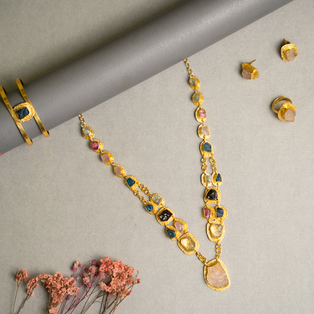 PETITE THAMIZHACHI BIJOUX EXCLUSIVE AND PREMIUM RAW STONES AND MOP HANDMADE GOLD TONED NECKPIECE/NECKLACE, BRACELET CUFF, RING WITH EARRING SET NL146