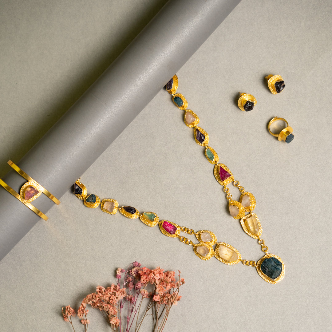 PETITE THAMIZHACHI BIJOUX EXCLUSIVE AND PREMIUM RAW STONES AND MOP HANDMADE GOLD TONED NECKPIECE/NECKLACE, BRACELET CUFF, RING WITH EARRING SET NL146