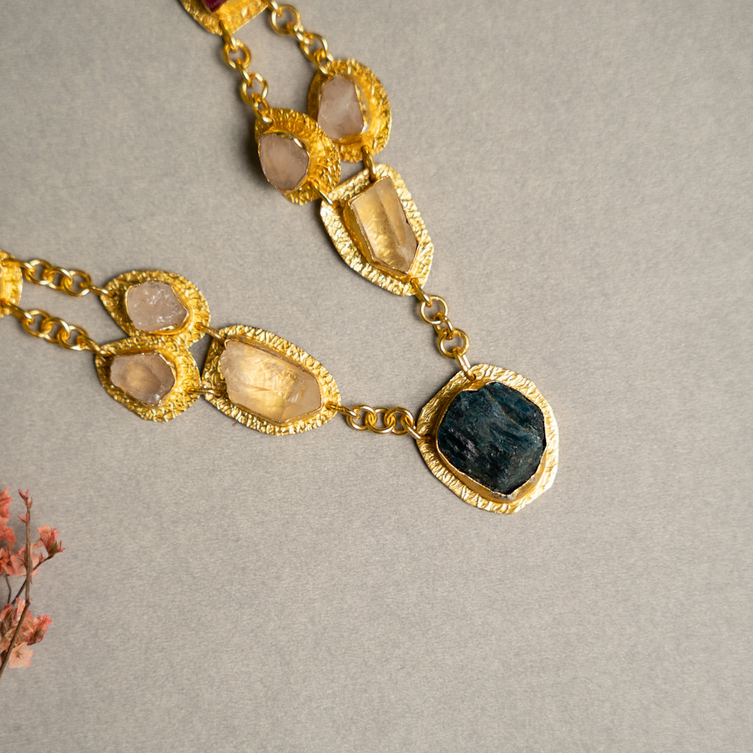 PETITE THAMIZHACHI BIJOUX EXCLUSIVE AND PREMIUM RAW STONES AND MOP HANDMADE GOLD TONED NECKPIECE/NECKLACE, BRACELET CUFF, RING WITH EARRING SET NL146