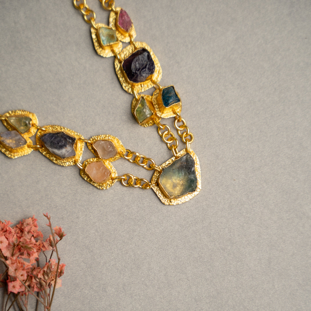 PETITE THAMIZHACHI BIJOUX EXCLUSIVE AND PREMIUM RAW STONES AND MOP HANDMADE GOLD TONED NECKPIECE/NECKLACE, BRACELET CUFF, RING WITH EARRING SET NL146