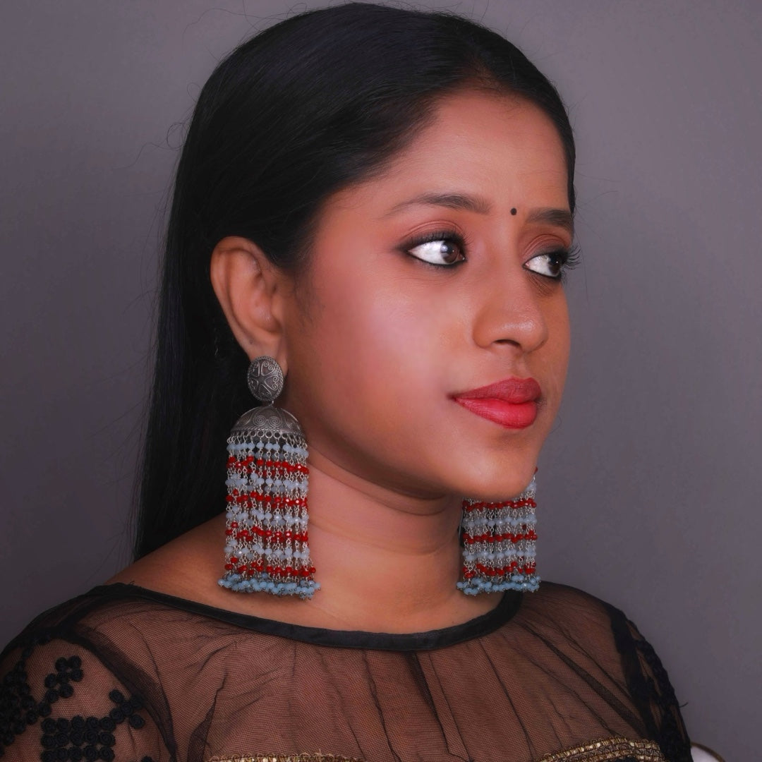 TWILIGHT SPARKLE ANTIQUE SEMI-HANDMADE SILVER LOOKALIKE JHUMKA ER55