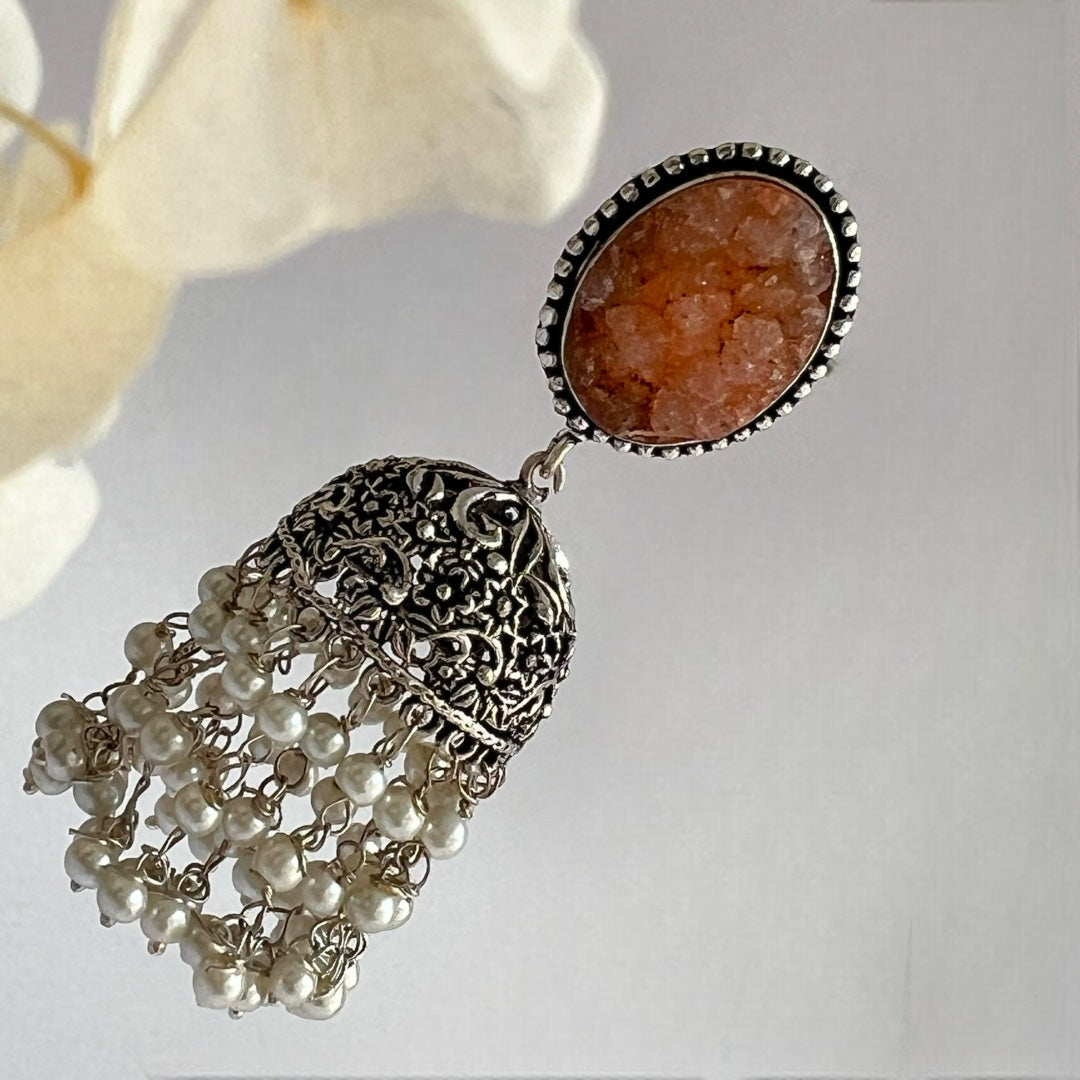 SPLENDOR DRUZY AND AGATE STONE SEMI-HANDMADE OXIDIZED JHUMKA ER54