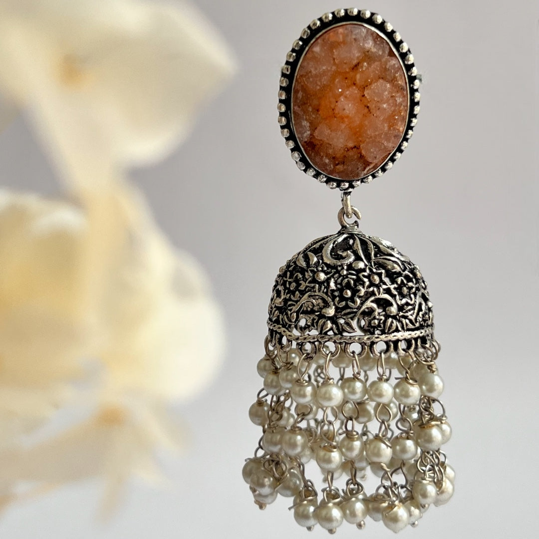 SPLENDOR DRUZY AND AGATE STONE SEMI-HANDMADE OXIDIZED JHUMKA ER54