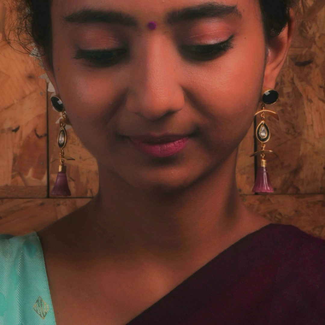 ENAMELLED CONICAL STONE DROPS WITH CRYSTAL HANDMADE AND HAND HAMMERED EARRINGS ER74